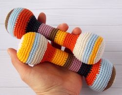baby crochet dumbbell, sports toys for newborns, crochet fitness toys, toddler gym toys, dumbbell newborn rattle
