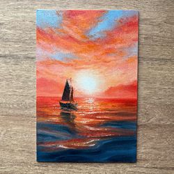 original oil painting with a red seascape