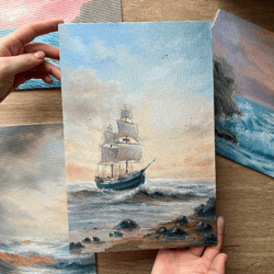 original oil painting with a ship off the coast