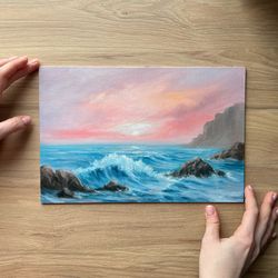 original oil painting with a pink seascape