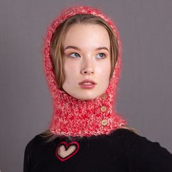 mohair balaclava with buttons. unisex. red cream color