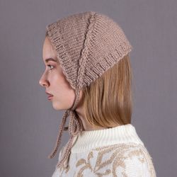 women's adult headband bonnet with braids. wool. dark beige color