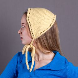 women's adult headband bonnet with an openwork design. wool. yellow color