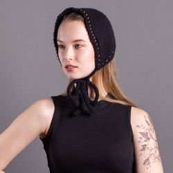 women's adult headband bonnet with an openwork design. wool. black color
