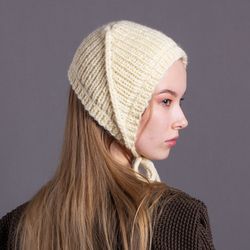 women's adult headband bonnet. wool. cream color