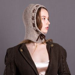 stylish balaclava with decorative ties. wool. linen with brown chocolate ties