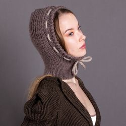 stylish balaclava with decorative ties. wool. brown melange with linen ties