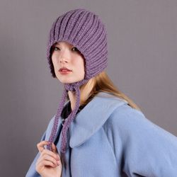 women's exquisite adult bonnet. wool. dark lilac melange color