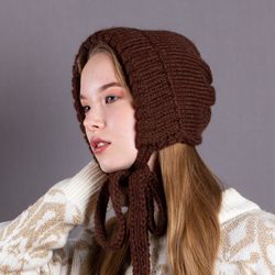 women's elegant adult bonnet. wool. brown chocolate