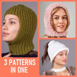 3 patterns in 1. button balaclava pattern, mini balaclava made of fur yarn pattern, ponytail hat pattern