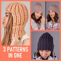 3 patterns in 1. balaclava made of merino wool pattern, tacori and beanie hat 2 in 1 pattern, unisex beanie hat pattern