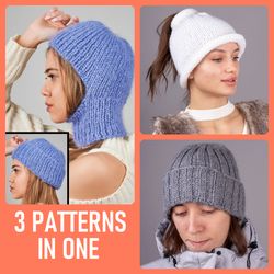 3 patterns in 1. balaclava pattern 2 in 1, ponytail hat pattern, unisex beanie hat pattern