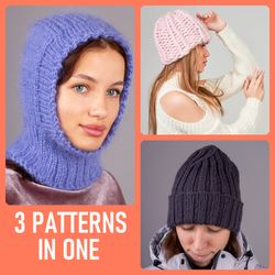 3 patterns in 1. mohair balaclava pattern, merino hat pattern, unisex hat with a diagonal ornament on the top pattern