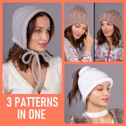 3 patterns in 1. woman's adult bonnet pattern, tacori and beanie hat 2 in 1 pattern, ponytail hat pattern