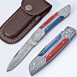 handmade damascus engraved steel pocket knife for men - premium damascus folding pocket knife with sheath