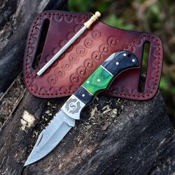 customized damascus steel pocket knife handmade folding knives small pocket knife for outdoor, camping, hiking back lock