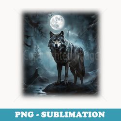 grey wolf hunting ground, icy moon, forest, galaxy in black - artistic sublimation digital file