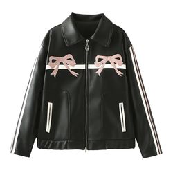 new womens sweet cool bow retro black leather jacket to show off your sexy figure