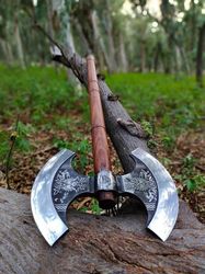 handmade double headed viking axe, bearded axe hand forged steel double blade viking axe gift for him, christmas gift