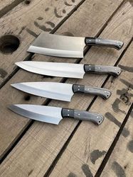 custom handmade forged d2 steel kitchen and outdoors bbq chef knives set real cow hide leather sheath