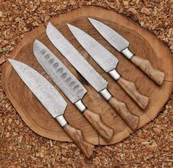 real forged in fire damascus steel custom made beautiful kitchen and outdoors hunting bbq chefs 5 pieces set roll bag