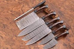 custom made forged in fire layers damascus handmade outdoors kitchen chef knives 7 piece set with wood handle roll bag