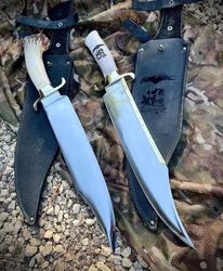combo handmade custom crafted forged d2 steel hunting survival camping bowie knife with leather sheath