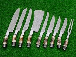 9 pcs real stag hard antler handle sharp damascus steel forge blade hunting outdoors kitchen knives set with roll bag