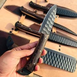 forged in firedamascus steel handmade custom craft hunting outdoors kitchen chef bbq knives with leather roll bag