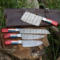 custom and handmade forge in fire one kind of best kitchen and outdoors damascus steel chef knives set with leather case