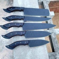 d2 steel handmade custom craft hunting kitchen and outdoors bbq dinning chef knives 5 set powder coated blade wood handl