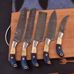 forged in fire folded damascus 380 layers kitchen and outdoors bbq knives 5 pieces set with leather roll bag