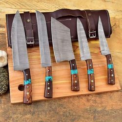 forged blade handmade custom craft hunting kitchen and outdoors bbq grilling knives 5 pieces set with leather roll bag