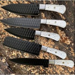 d2 steel black coated handmade custom craft kitchen and outdoors chef knives set with resin handle and leather roll bag