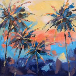 palm tree painting landscape original art impasto artwork oil canvas 16 by 16 inch artbyannast