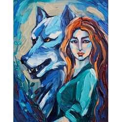 girl and wolf painting animal original art small artwork dark wall art