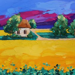 landscape painting meadow floral original art farm artwork old house wall decor