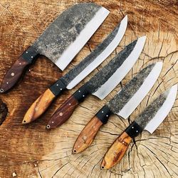 handmade high carbon steel chef knife set of 5 pcs rosewood black resin handle.