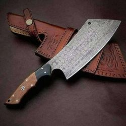 13" hand forged damascus cleaver knife in rain drop pateren with leather cover.