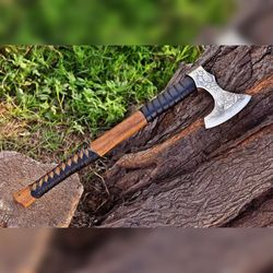 custom hand forged carbon steel viking axe hatchet rose wood shaft, bearded camping axe.