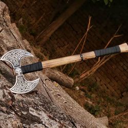 double-headed viking-themed battle axe with leather sheath