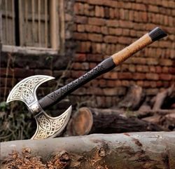 double headed viking axe, bearded axe hand forged steel double blade viking axe