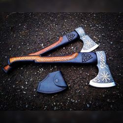 viking axe with leather sheath, hand forged viking axe with leather winding, high carbon steel