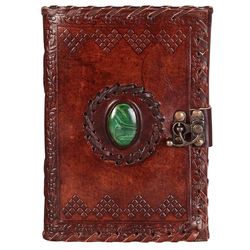 leather diary with antique green stone handmade. 200 pages / 5 x 7 in