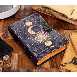 celestial sun & moon grimoire leather journal handmade vintage leather journal, blank spell book of shadows journal, chr