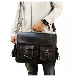 black men's laptop bag real leather briefcase messenger satchel travel shoulder