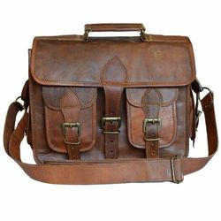 brown men's goat leather vintage laptop shoulder handmade briefcase bag satchel