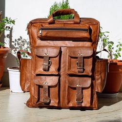 large hand-crafted genuine leather travel backpack brown rucksack laptop bag new