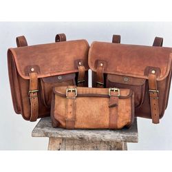 3 brown side pouch lambskin leather combo kit for motorcycle saddle bag panniers