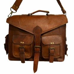 new vintage brown goat genuine leather messenger satchel laptop briefcase bag.